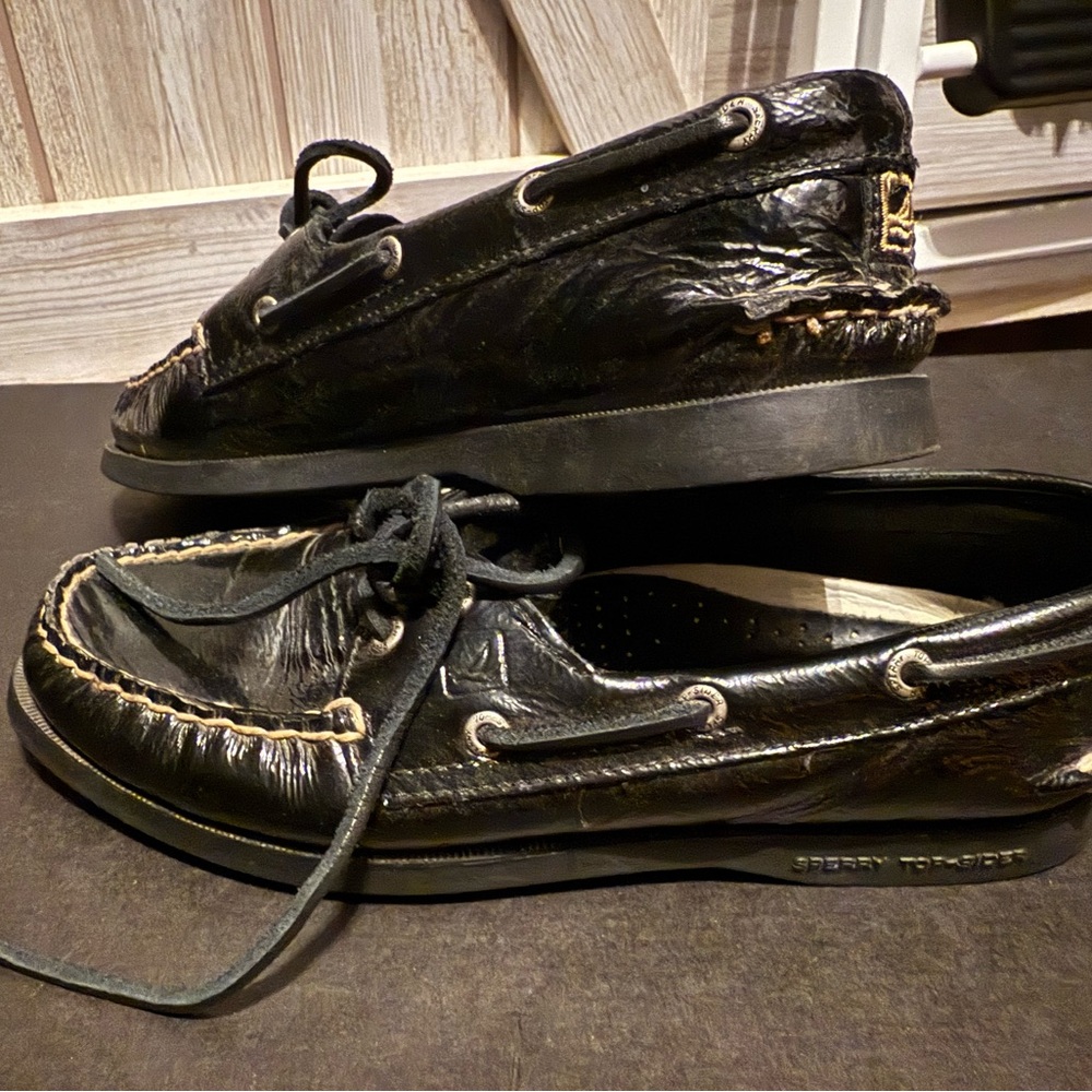 Black patent leather Sperry boat shoes